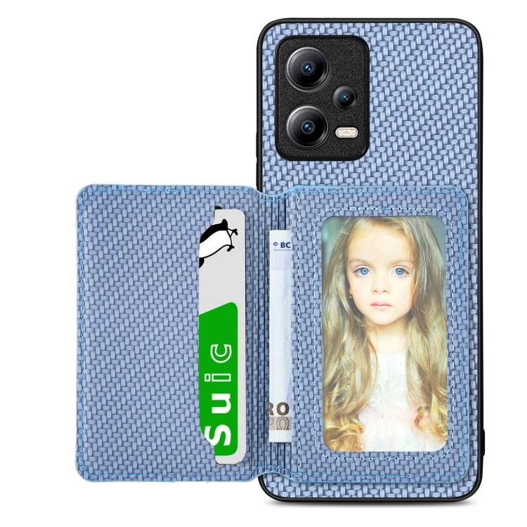 

For Xiaomi Poco X5 Carbon Fiber Magnetic Card Bag Phone Case(Blue)