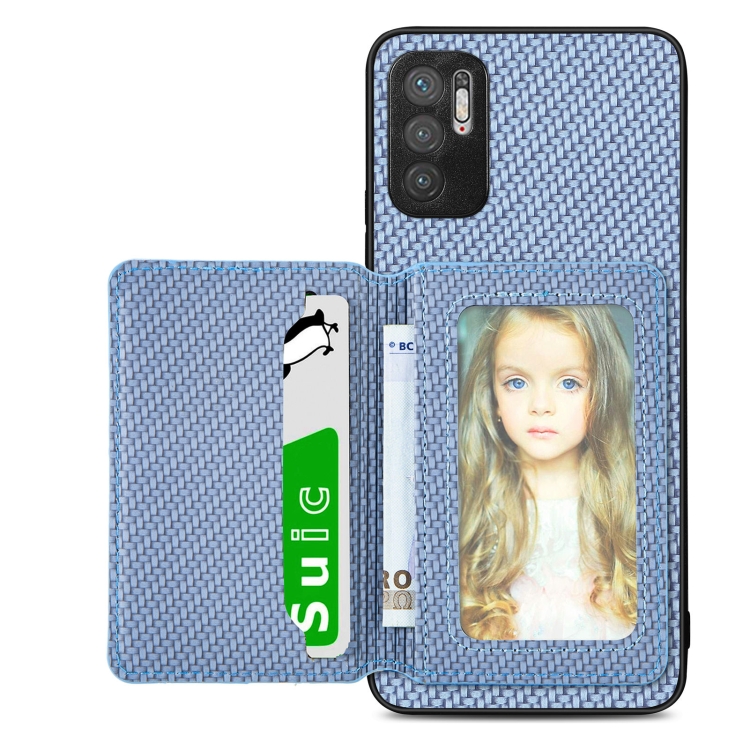 

For Xiaomi Redmi Note 10 5G Carbon Fiber Magnetic Card Bag Phone Case(Blue)
