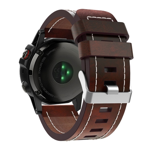 

For Garmin Fenix 3 HR 26mm Sewing Leather Steel Buckle Watch Band(Red Brown)