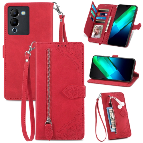

For Infinix Note 12 G96 Embossed Flower Zipper Leather Phone Case(Red)