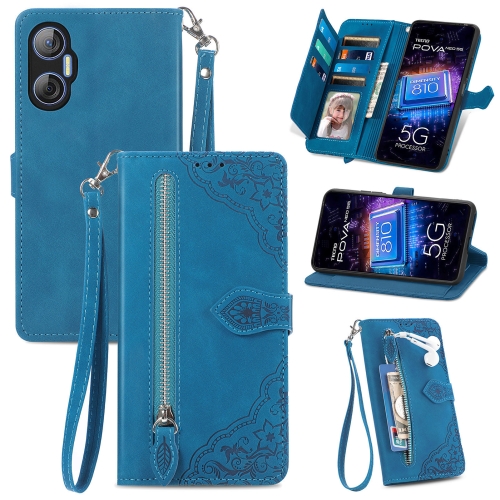 

For Tecno Pova Neo 5G Embossed Flower Zipper Leather Phone Case(Blue)