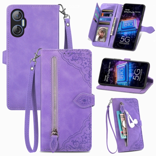 

For Tecno Pova Neo 5G Embossed Flower Zipper Leather Phone Case(Purple)