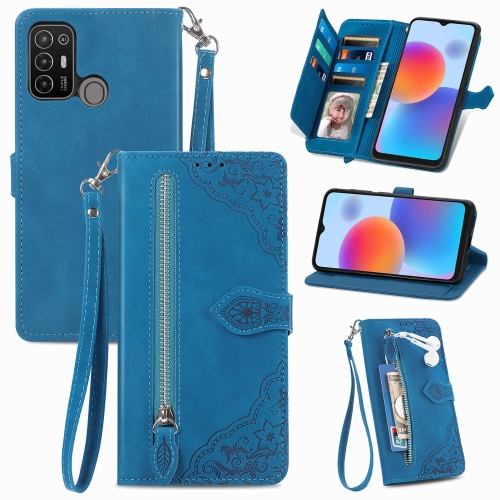 

For ZTE Blade A52 Embossed Flower Zipper Leather Phone Case(Blue)