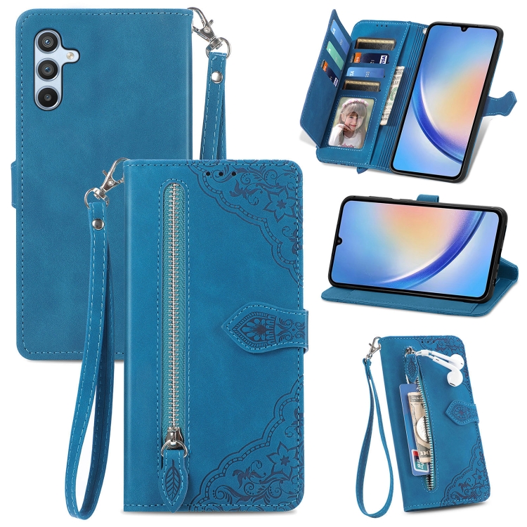 

For Samsung Galaxy A34 5G Embossed Flower Zipper Leather Phone Case(Blue)