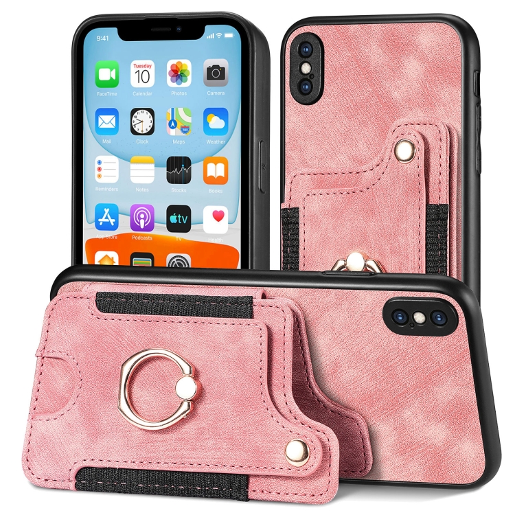 

For iPhone X / XS Retro Skin-feel Ring Multi-card Wallet Phone Case(Pink)