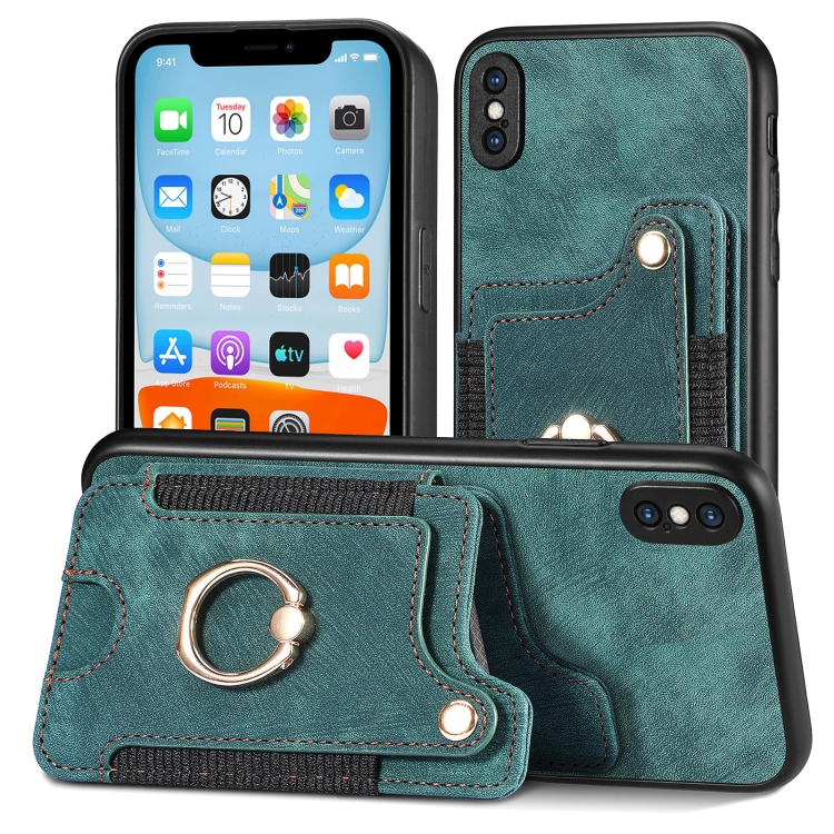 

For iPhone X / XS Retro Skin-feel Ring Multi-card Wallet Phone Case(Green)