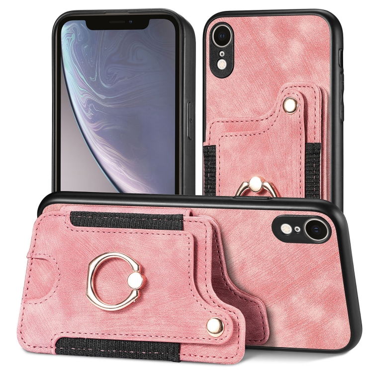 

For iPhone XR Retro Skin-feel Ring Multi-card Wallet Phone Case(Pink)