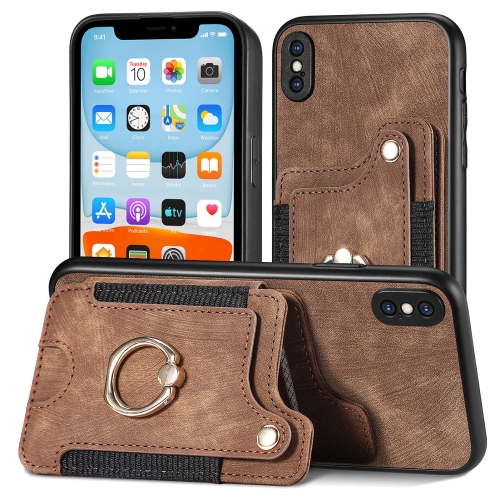 

For iPhone XS Max Retro Skin-feel Ring Multi-card Wallet Phone Case(Brown)