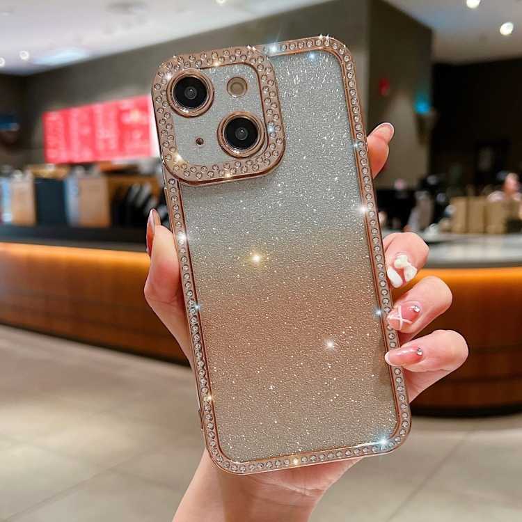 

For iPhone 15 Plus Diamond Gradient Glitter Plated TPU Phone Case(Gold)