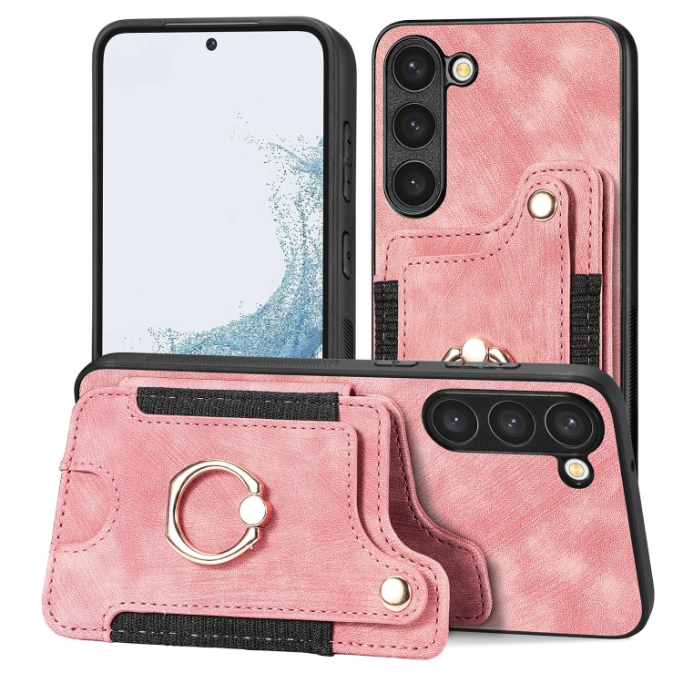 

For Samsung Galaxy S23 5G Retro Skin-feel Ring Multi-card Wallet Phone Case(Pink)