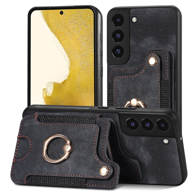 

For Samsung Galaxy S22+ 5G Retro Skin-feel Ring Multi-card Wallet Phone Case(Black)
