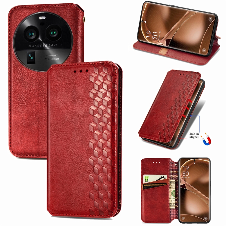

For OPPO Find X6 Pro Cubic Grid Pressed Magnetic Leather Phone Case(Red)