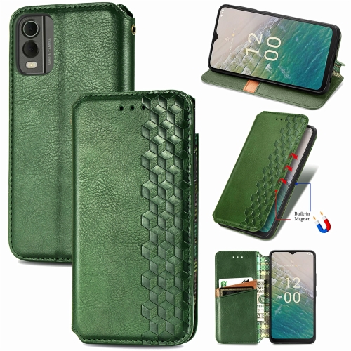 

For Nokia C32 Cubic Grid Pressed Magnetic Leather Phone Case(Green)