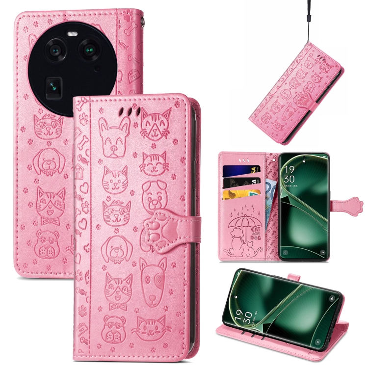 

For OPPO Find X6 Cat and Dog Embossed Leather Phone Case(Pink)