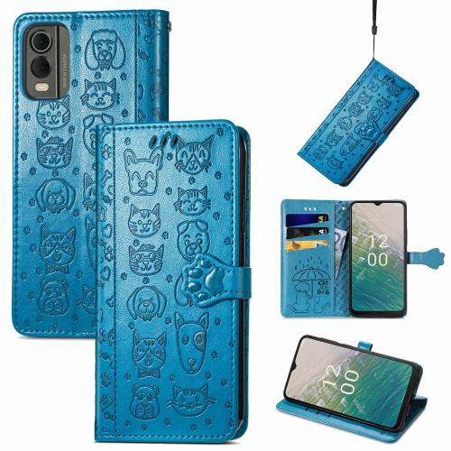 

For Nokia C32 Cat and Dog Embossed Leather Phone Case(Blue)