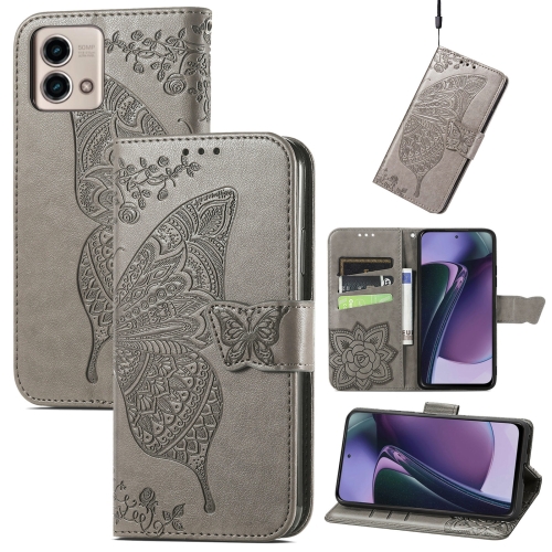 

For Motorola Moto G Stylus 5G 2023 Butterfly Love Flower Embossed Leather Phone Case(Gray)