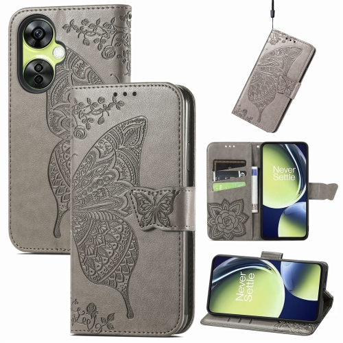 

For OnePlus Nord CE 3 Lite Butterfly Love Flower Embossed Leather Phone Case(Gray)