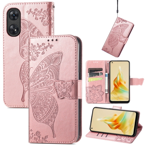 

For OPPO Reno8 T 4G Butterfly Love Flower Embossed Leather Phone Case(Rose Gold)
