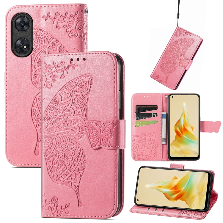 

For OPPO Reno8 T 4G Butterfly Love Flower Embossed Leather Phone Case(Pink)