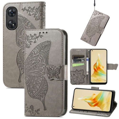 

For OPPO Reno8 T 4G Butterfly Love Flower Embossed Leather Phone Case(Gray)