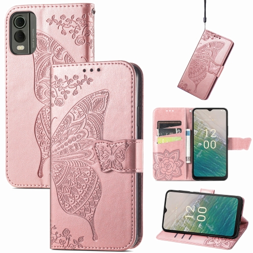 

For Nokia C32 Butterfly Love Flower Embossed Leather Phone Case(Rose Gold)