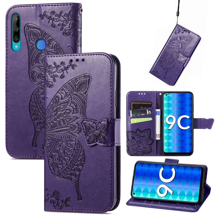 

For Honor 9C Butterfly Love Flower Embossed Leather Phone Case(Purple)