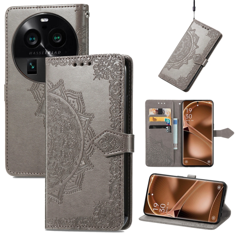 

For OPPO Find X6 Pro Mandala Flower Embossed Leather Phone Case(Gray)