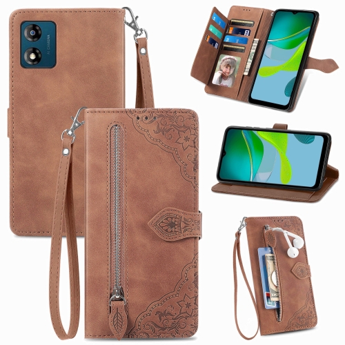 

For Motorola Moto E13 Embossed Flower Zipper Leather Phone Case(Brown)