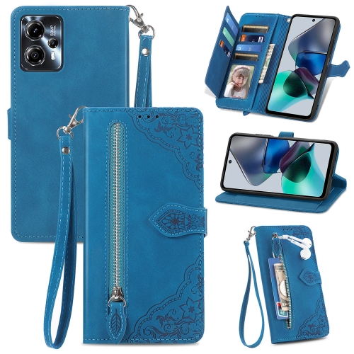 

For Motorola Moto G23 Embossed Flower Zipper Leather Phone Case(Blue)