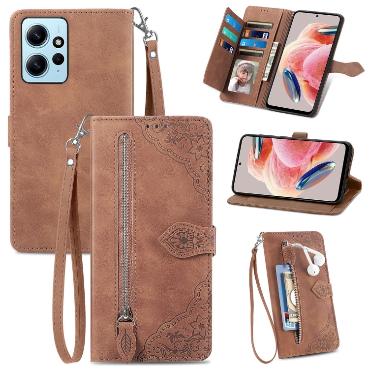 

For Redmi Note 12 4G Global Embossed Flower Zipper Leather Phone Case(Brown)