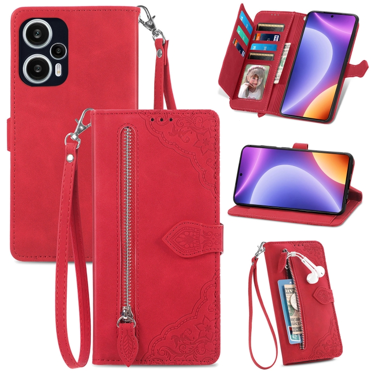 

For Redmi Note 12 Turbo Embossed Flower Zipper Leather Phone Case(Red)