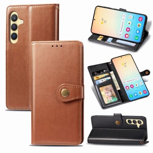 

For Samsung Galaxy S24 5G Retro Solid Color Buckle Leather Phone Case(Brown)