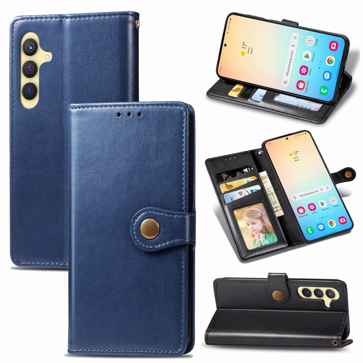 

For Samsung Galaxy S24 5G Retro Solid Color Buckle Leather Phone Case(Blue)