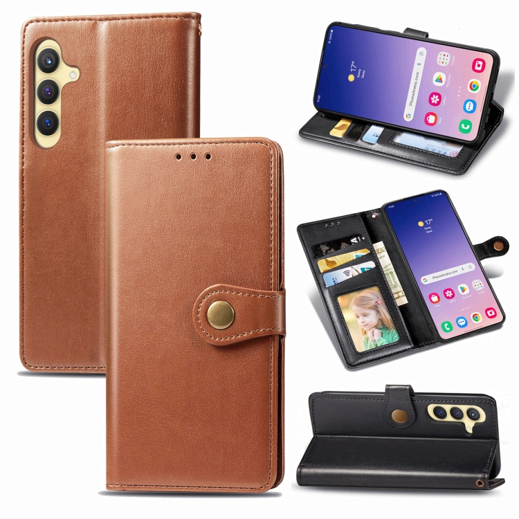 

For Samsung Galaxy S24+ 5G Retro Solid Color Buckle Leather Phone Case(Brown)