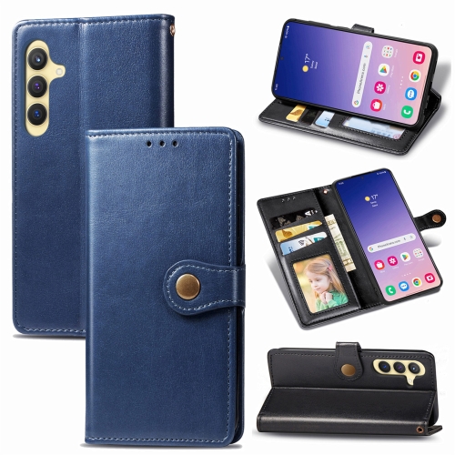 

For Samsung Galaxy S24+ 5G Retro Solid Color Buckle Leather Phone Case(Blue)
