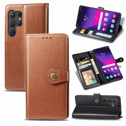 

For Samsung Galaxy S25 Ultra 5G Retro Solid Color Buckle Leather Phone Case(Brown)