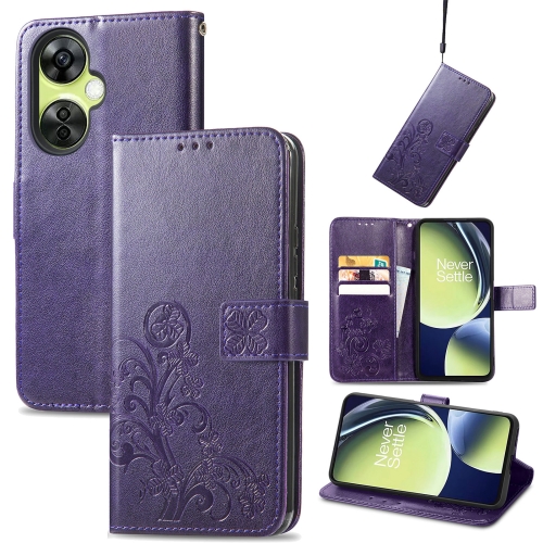 

For OnePlus Nord CE 3 Lite Four-leaf Clasp Embossed Buckle Leather Phone Case(Purple)