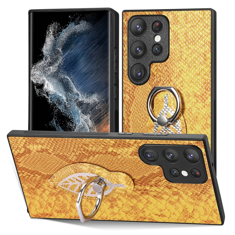 

For Samsung Galaxy S20 Ultra Snakeskin Ring Leather Back Cover Phone Case(Yellow)
