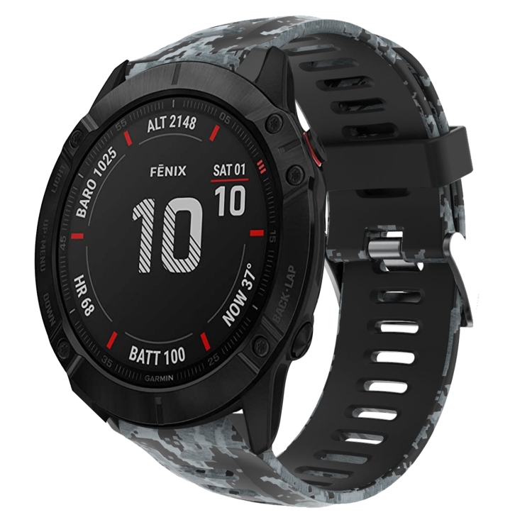 สำหรับ Garmin Fenix 6X Sapphire 26 ลายพรางพิมพ์สายนาฬิกาซิลิโคน (สีดำ  ลายพรางดิจิตอล)