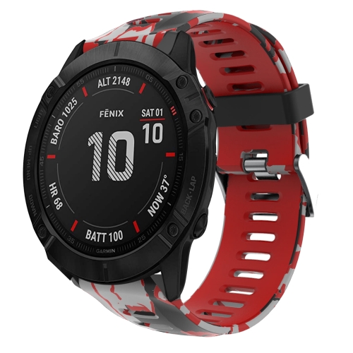 

For Garmin Fenix 6X Sapphire 26mm Camouflage Printed Silicone Watch Band(Red+Army Camouflage)