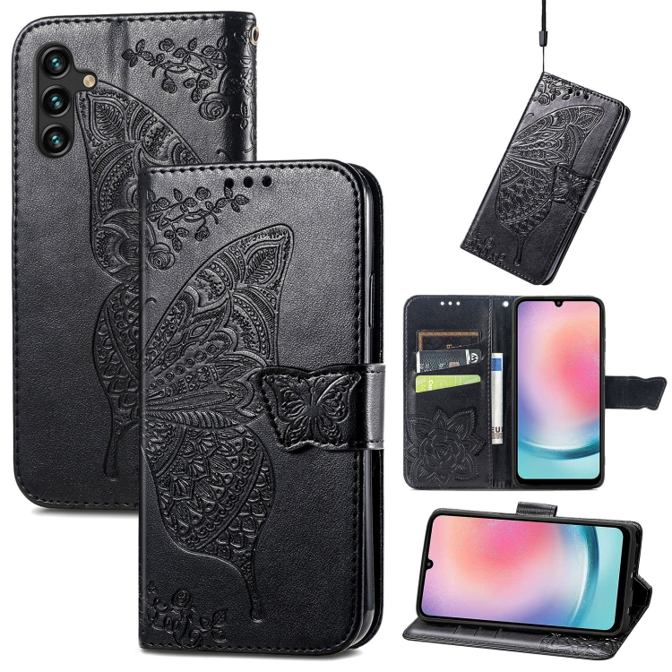 

For Samsung Galaxy A24 4G Butterfly Love Flower Embossed Leather Phone Case(Black)
