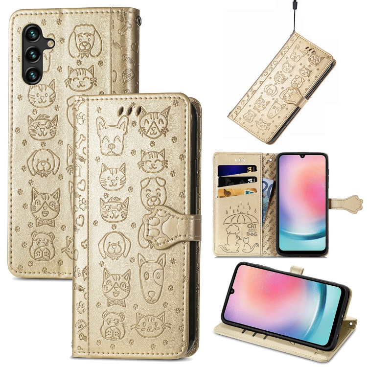 

For Samsung Galaxy A24 4G Cute Cat and Dog Embossed Flip Leather Phone Case(Gold)