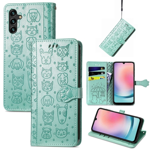 

For Samsung Galaxy A24 4G Cute Cat and Dog Embossed Flip Leather Phone Case(Green)