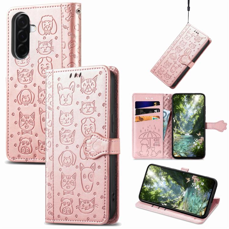 

For Samsung Galaxy A27 5G Cat and Dog Embossed Leather Phone Case(Rose Gold)
