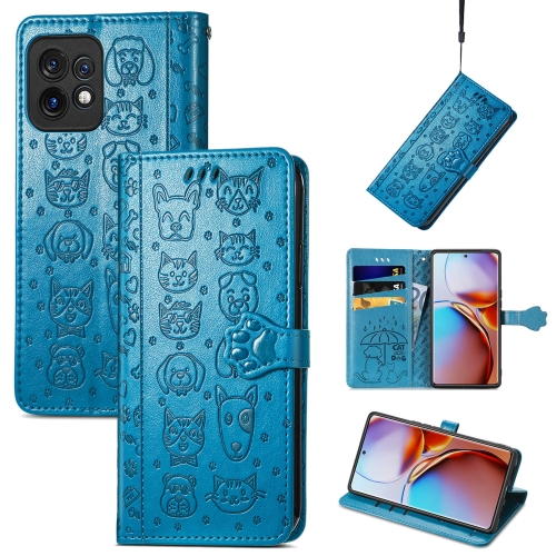 

For Motorola Moto X40 Cute Cat and Dog Embossed Flip Leather Phone Case(Blue)