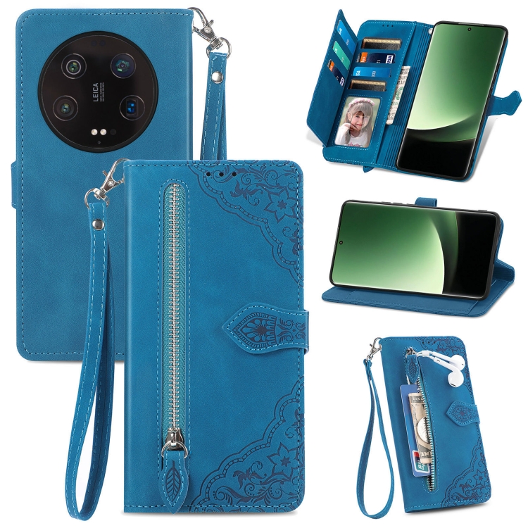 

For Xiaomi 13 Ultra Embossed Flower Zipper Leather Phone Case(Blue)