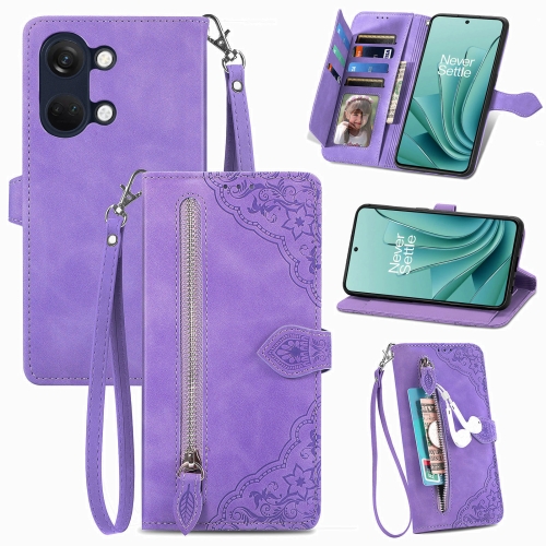 

For OnePlus Ace 2V Embossed Flower Zipper Leather Phone Case(Purple)