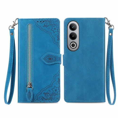 

For OnePlus Nord CE 4 Embossed Flower Zipper Leather Phone Case(Blue)
