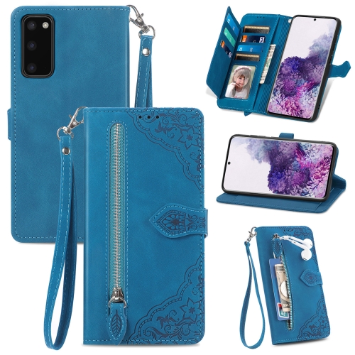 

For Samsung Galaxy S20 Embossed Flower Zipper Leather Phone Case(Blue)