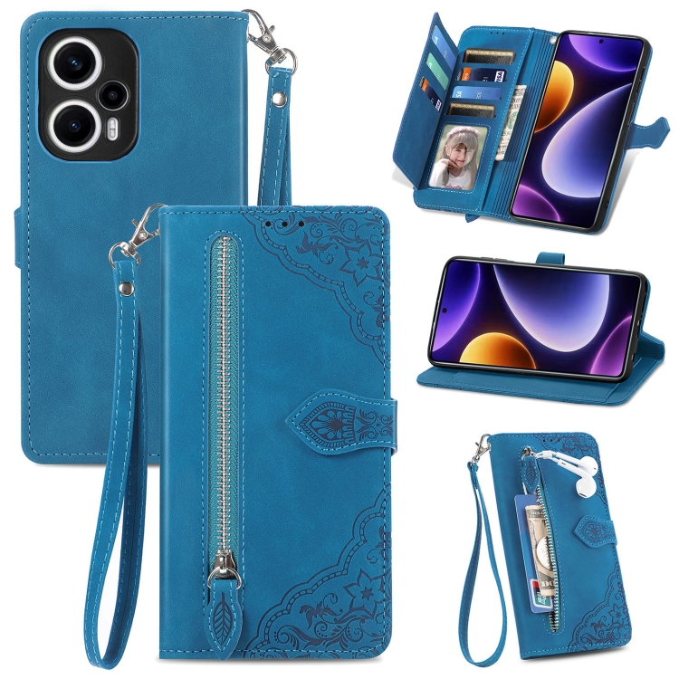 

For Xiaomi POCO F5 Embossed Flower Zipper Leather Phone Case(Blue)